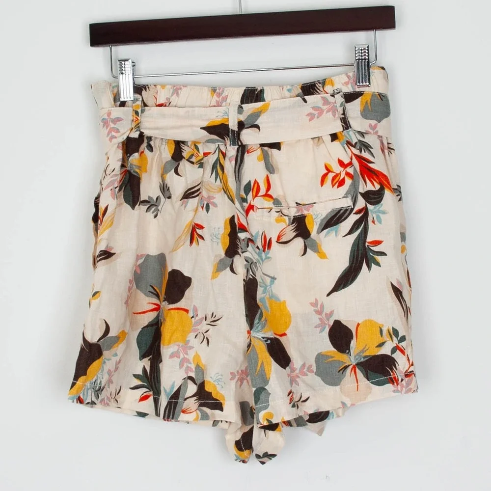Cynthia Rowley Womens Floral Print Linen Blend High Waist Paperbag Shorts Size S